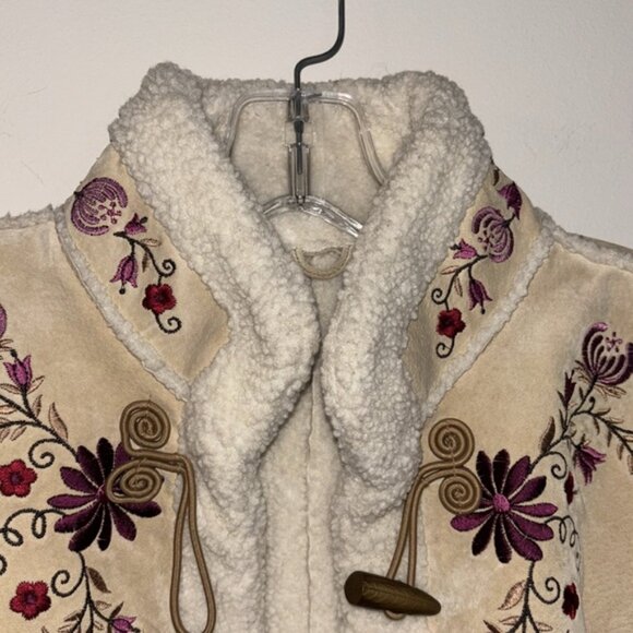 Bohemian Genuine Leatherher Floral Embroidered Tan Jacket Coat Button Up - Picture 2 of 8